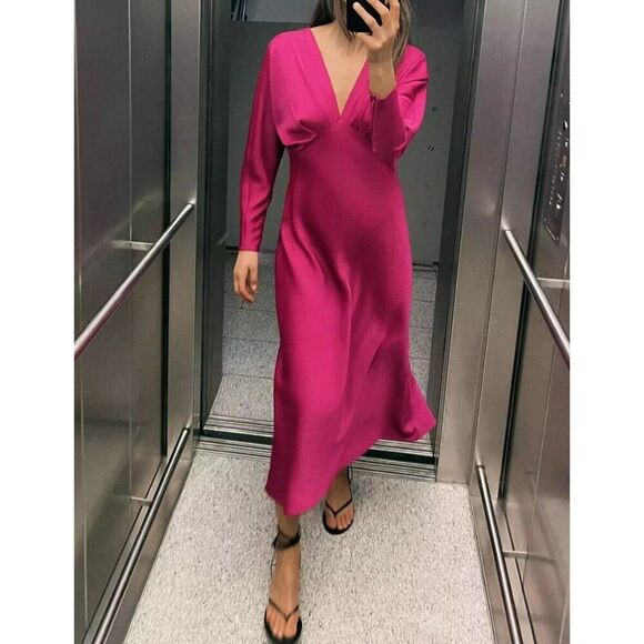 Zara Womens Midi Dress Size S Raspberry Pink Satin Effect Cocktail 2298/067 NWT - Picture 1 of 14